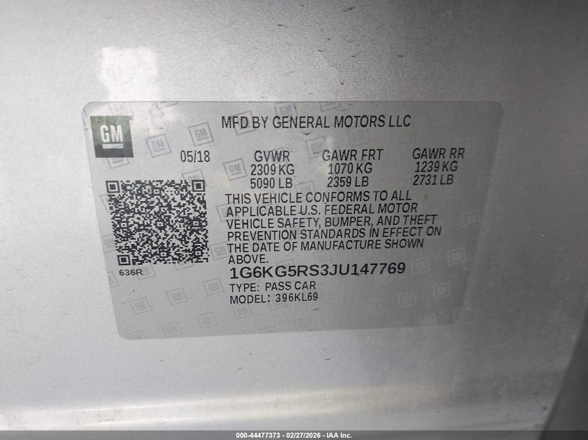 2018 Cadillac Ct6 Premium Luxury VIN: 1G6KG5RS3JU147769 Lot: 44477373