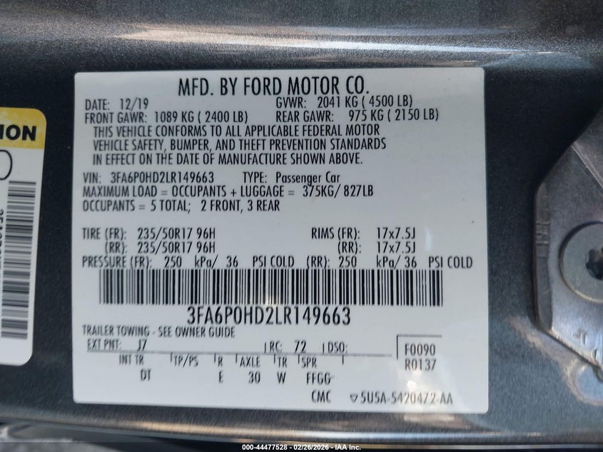2020 Ford Fusion 1.5 Se grey Lot 111044477528 Vin 3FA6P0HD2LR149663