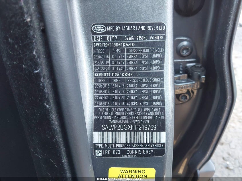 2017 Land Rover Range Rover Evoque Se/Se Premium VIN: SALVP2BGXHH219769 Lot: 44477611