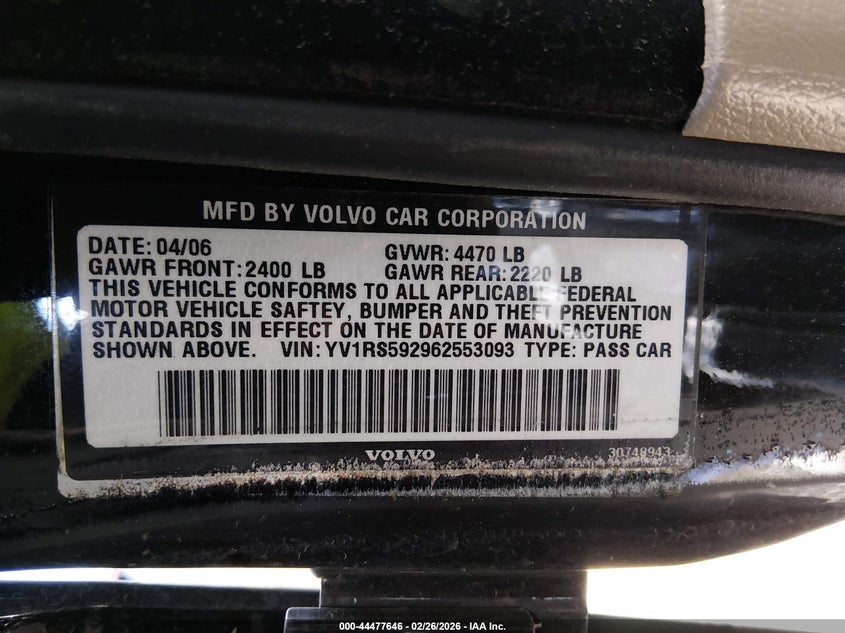 2006 Volvo S60 2.5T VIN: YV1RS592962553093 Lot: 44477646