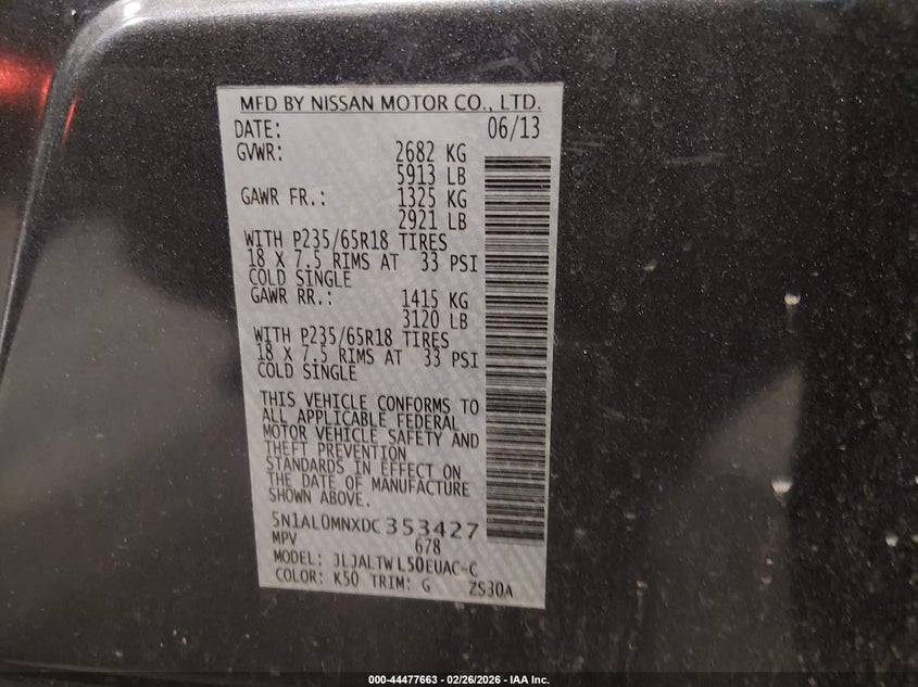 2013 Infiniti Jx35 VIN: 5N1AL0MNXDC353427 Lot: 44477663