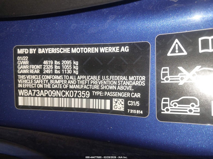 2022 BMW 430I xDrive VIN: WBA73AP09NCK07359 Lot: 44477685