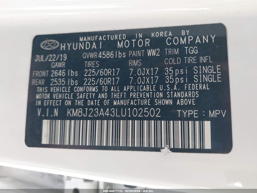VIN KM8J23A43LU102502 2020 HYUNDAI TUCSON SE