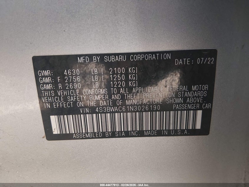 2022 Subaru Legacy Premium VIN: 4S3BWAC61N3026190 Lot: 44477913