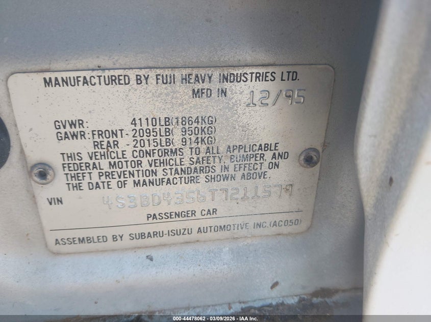1996 Subaru Legacy L VIN: 4S3BD4356T7211579 Lot: 44478062