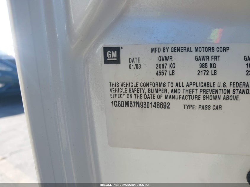 2003 Cadillac Cts Standard VIN: 1G6DM57N930148692 Lot: 44478138