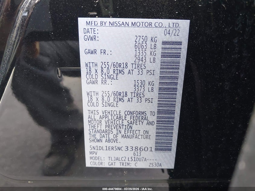 2022 Infiniti Qx60 Pure VIN: 5N1DL1ER5NC338601 Lot: 44478684