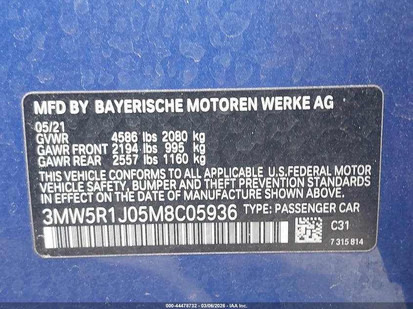 2021 BMW 330I VIN: 3MW5R1J05M8C05936 Lot: 44478732