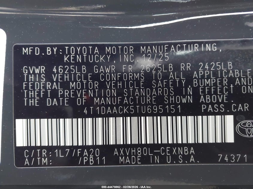 VIN 4T1DAACK5TU695151 2026 TOYOTA CAMRY LE