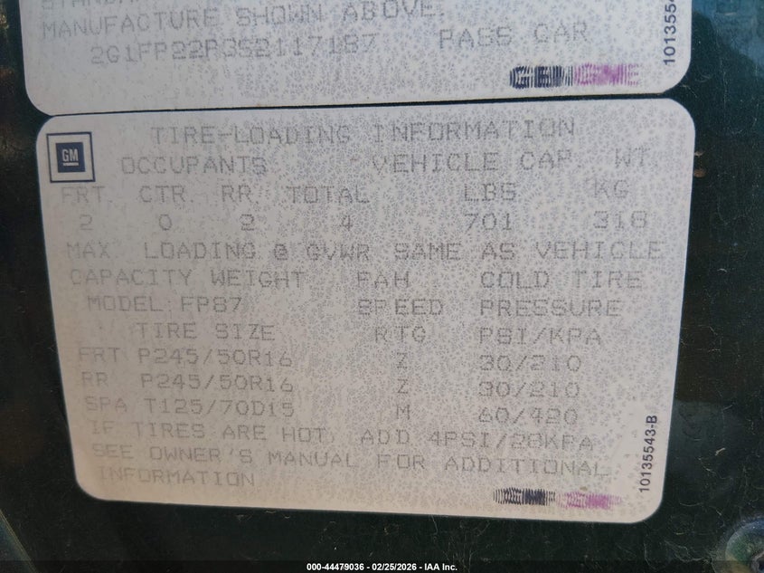 1995 Chevrolet Camaro Z28 VIN: 2G1FP22P3S2117187 Lot: 44479036