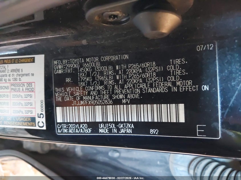 2013 Lexus Gx 460 Premium VIN: JTJJM7FX9D5052836 Lot: 44479038