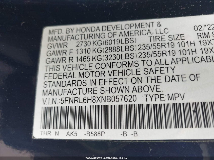 2022 Honda Odyssey Touring VIN: 5FNRL6H8XNB057620 Lot: 44479075