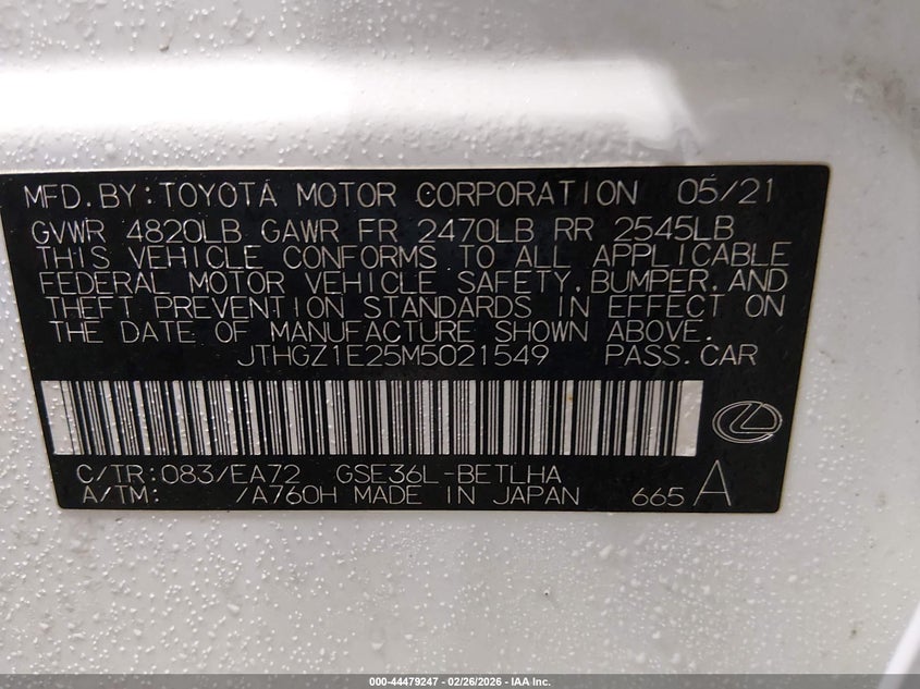 2021 Lexus Is 350 F Sport VIN: JTHGZ1E25M5021549 Lot: 44479247