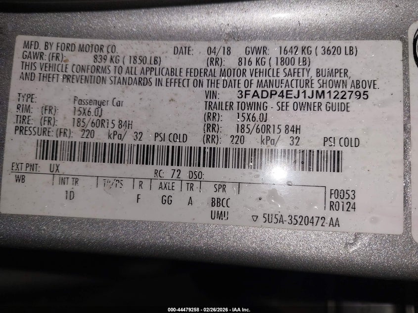 2018 Ford Fiesta 1.6 Se Silver Lot 111044479258 Vin 3FADP4EJ1JM122795