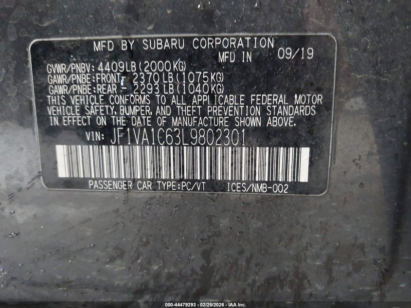2020 Subaru Wrx Premium VIN: JF1VA1C63L9802301 Lot: 44479293