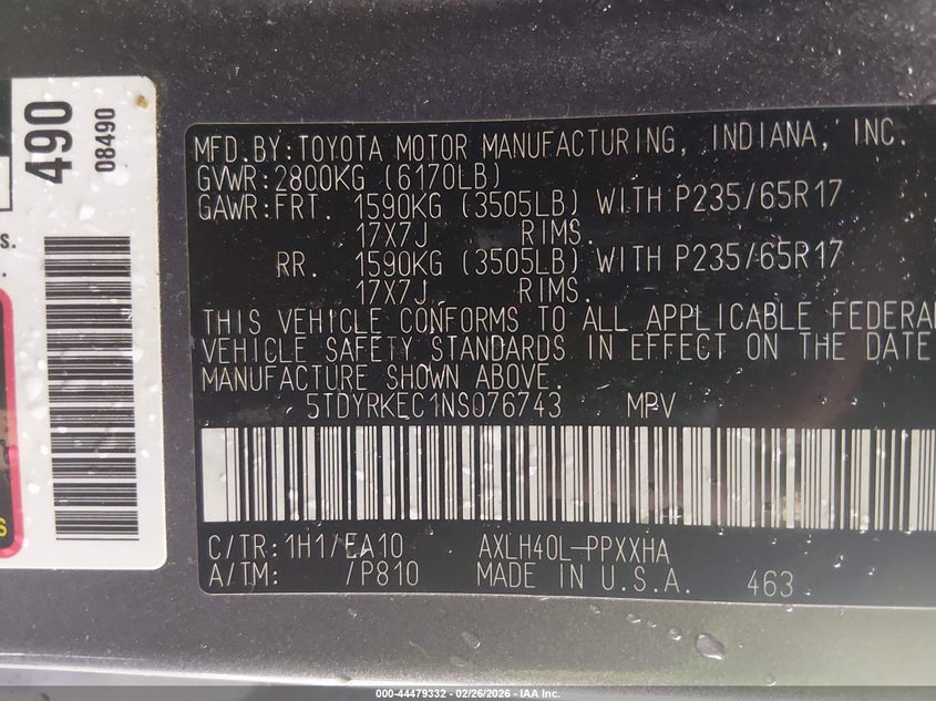 VIN 5TDYRKEC1NS076743 2022 TOYOTA SIENNA XLE