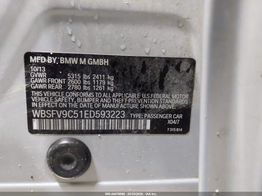 2014 BMW M5 VIN: WBSFV9C51ED593223 Lot: 44479569