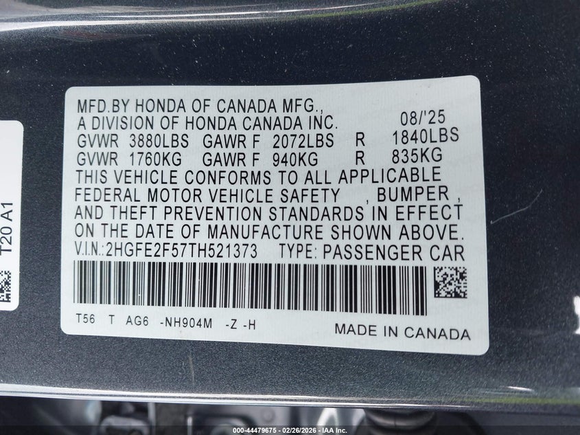 2026 Honda Civic 2.0 Sport grey Lot 111044479675 Vin 2HGFE2F57TH521373