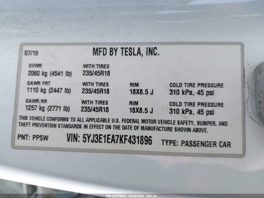 5YJ3E1EA7KF431896 2019 Tesla Model 3 Long Range/Mid Range/Standard Range/Standard Range Plus white