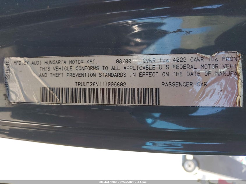 2001 Audi Tt VIN: TRUUT28N111006802 Lot: 44479963