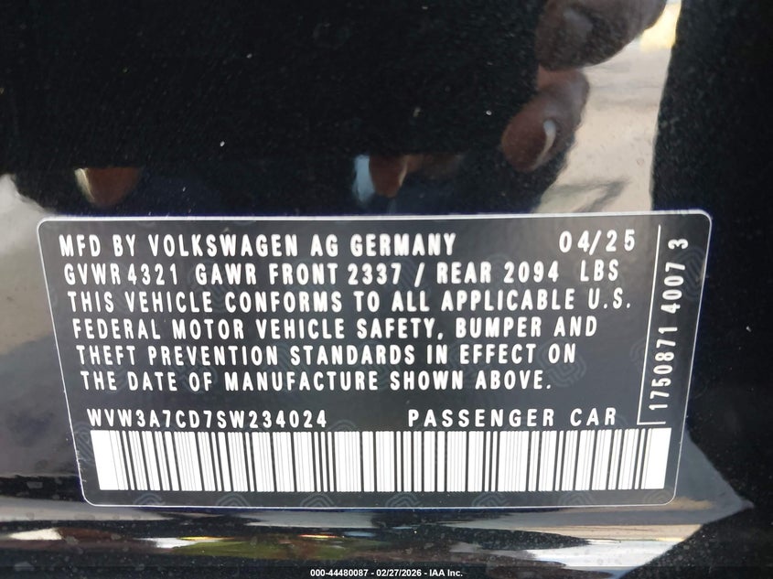 2025 Volkswagen Golf Gti 2.0T Se VIN: WVW3A7CD7SW234024 Lot: 44480087
