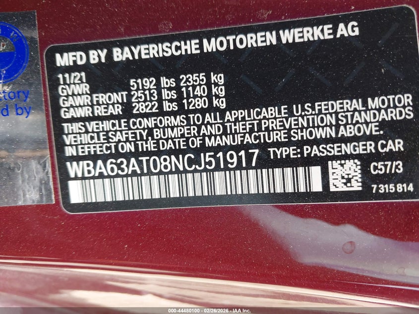 2022 BMW M440I xDrive VIN: WBA63AT08NCJ51917 Lot: 44480100