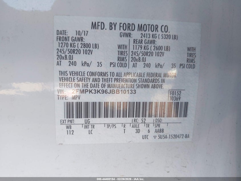 2FMPK3K96JBB10133 2018 Ford Edge 2.0 Titanium white