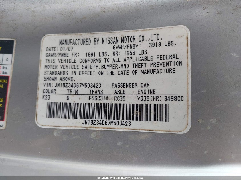 2007 Nissan 350Z VIN: JN1BZ34D67M503423 Lot: 44480250