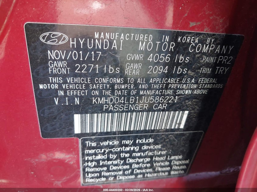 VIN KMHD04LB1JU586221 2018 HYUNDAI ELANTRA SPORT