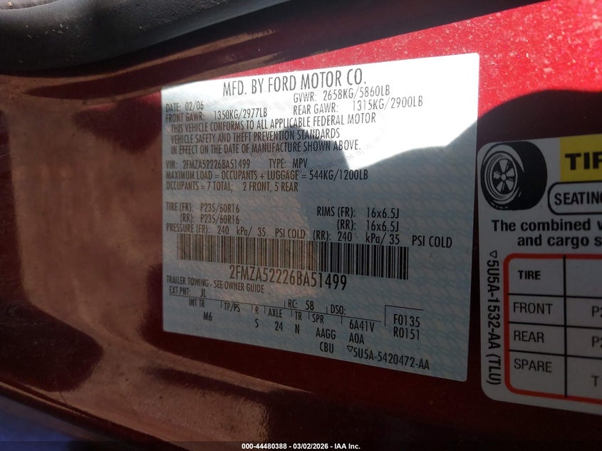 2006 Ford Freestar Sel VIN: 2FMZA52226BA51499 Lot: 44480388
