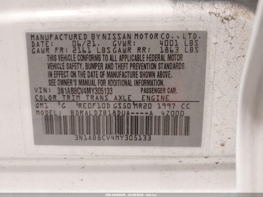 2021 NISSAN SENTRA 2.0L I-4 DI, DOHC, V(VIN: 3N1AB8CV4MY305133
