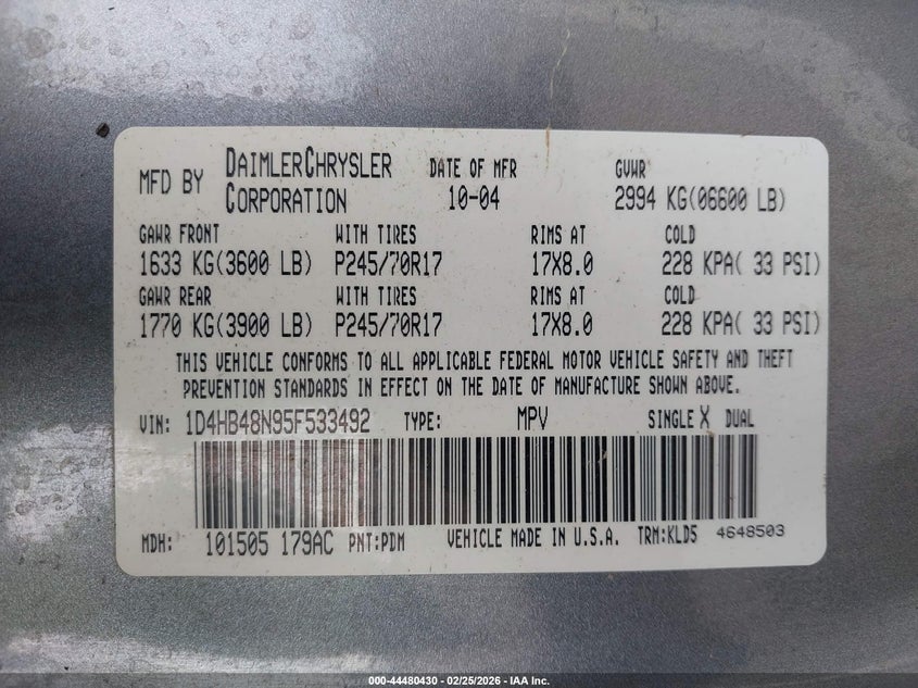 2005 Dodge Durango Slt VIN: 1D4HB48N95F533492 Lot: 44480430