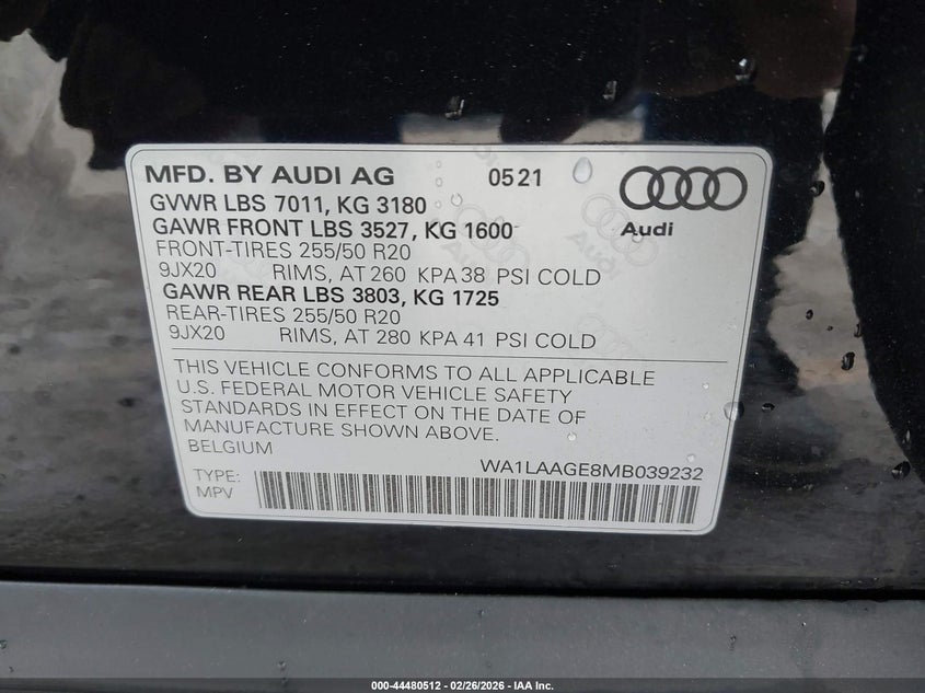 2021 Audi E-Tron Premium Plus Quattro VIN: WA1LAAGE8MB039232 Lot: 44480512