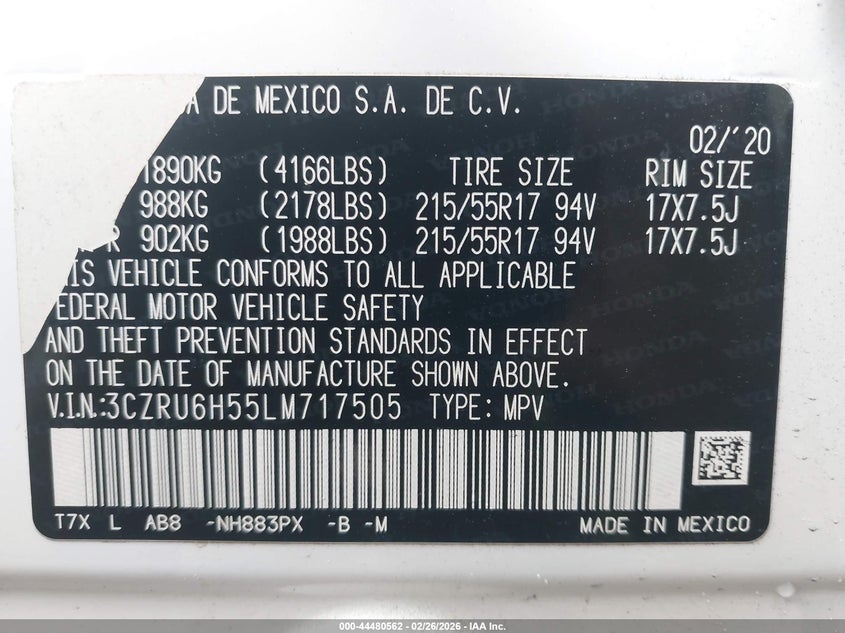VIN 3CZRU6H55LM717505 2020 HONDA HR-V AWD EX