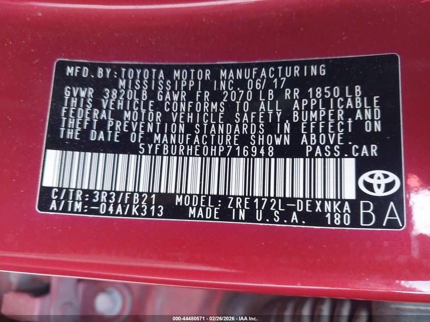 2017 Toyota Corolla 1.8 Le red Lot 111044480571 Vin 5YFBURHE0HP716948