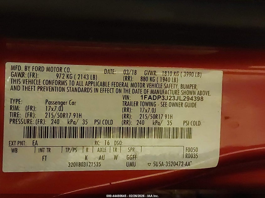 2018 Ford Focus 2.0 Titanium red Lot 111044480645 Vin 1FADP3J23JL294398