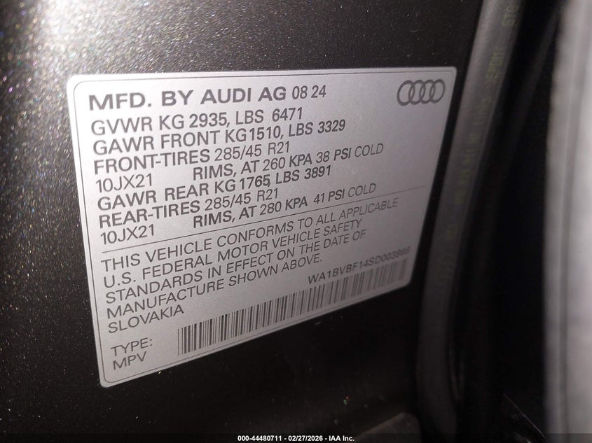 2025 Audi Q8 Premium Plus 55 Tfsi Quattro VIN: WA1BVBF14SD003866 Lot: 44480711