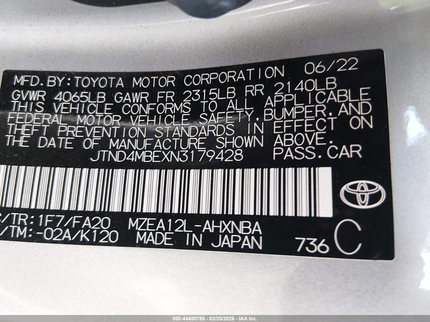 2022 TOYOTA COROLLA 2.0L I-4 DI, DOHC, V(VIN: JTND4MBEXN3179428