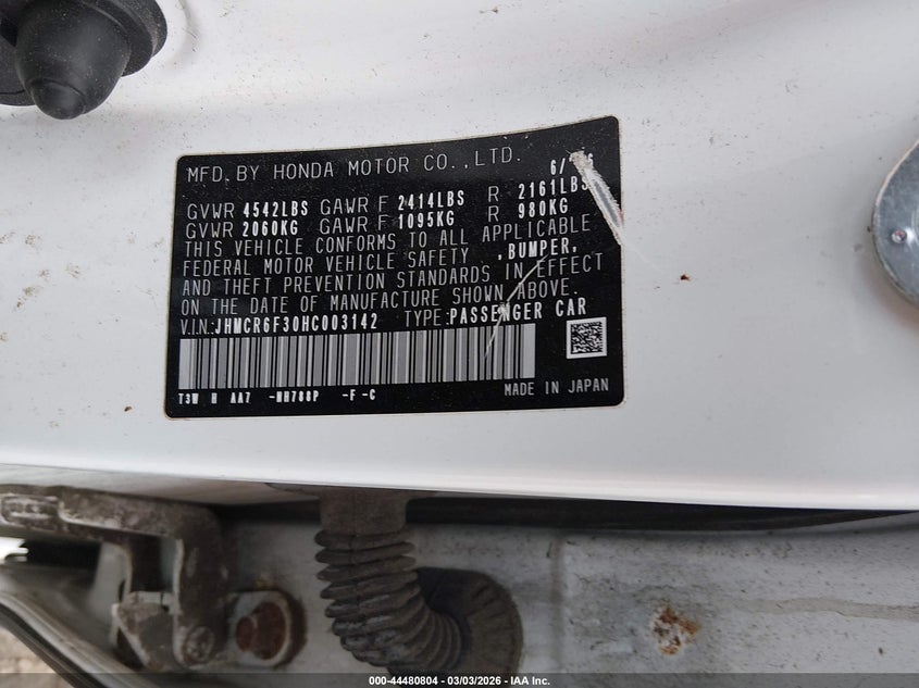 VIN JHMCR6F30HC003142 2017 HONDA ACCORD HYBRID