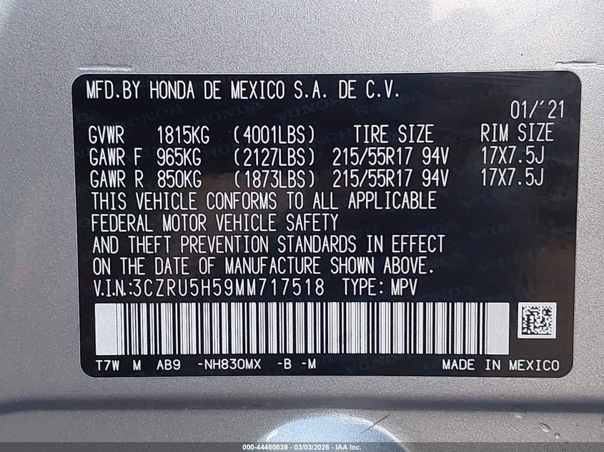 VIN 3CZRU5H59MM717518 2021 HONDA HR-V 2WD EX