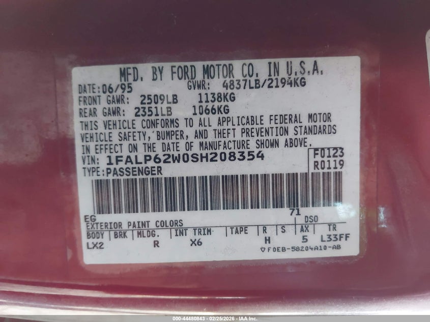 1995 Ford Thunderbird Lx VIN: 1FALP62W0SH208354 Lot: 44480843