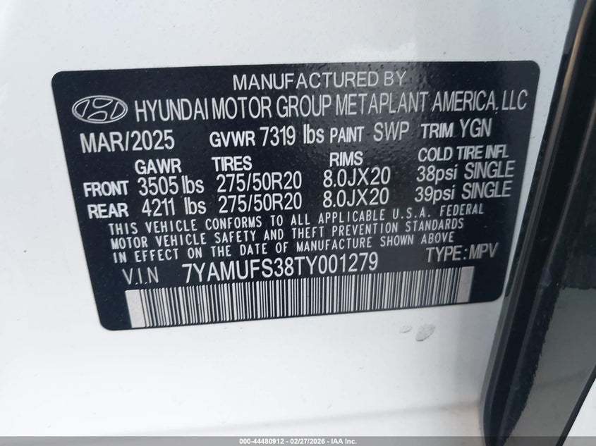 2026 Hyundai Ioniq 9 Sel VIN: 7YAMUFS38TY001279 Lot: 44480912