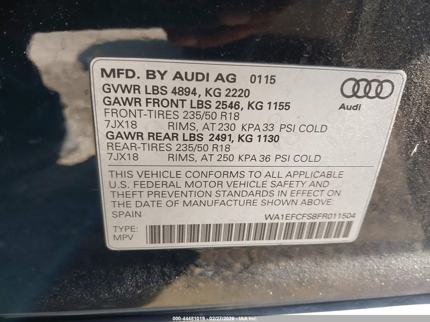 2015 Audi Q3 2.0 2.0T Premium Plus black Lot 111044481019 Vin WA1EFCFS8FR011504