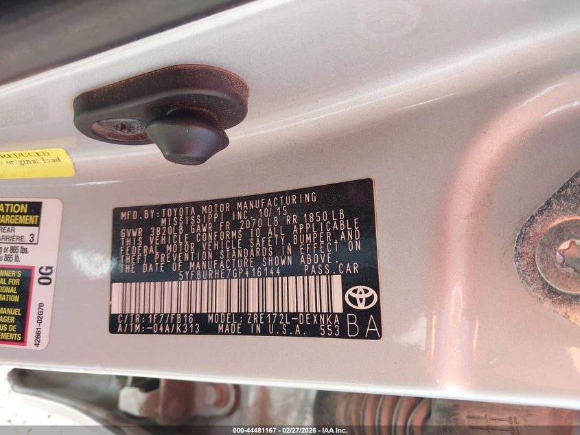 2016 TOYOTA COROLLA SEDAN 1.8L I-4 DOHC, VVT, 132HP