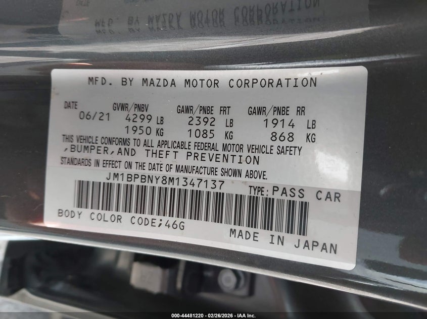 2021 Mazda 3 2.5 2.5 Turbo Premium Plus grey Lot 111044481220 Vin JM1BPBNY8M1347137