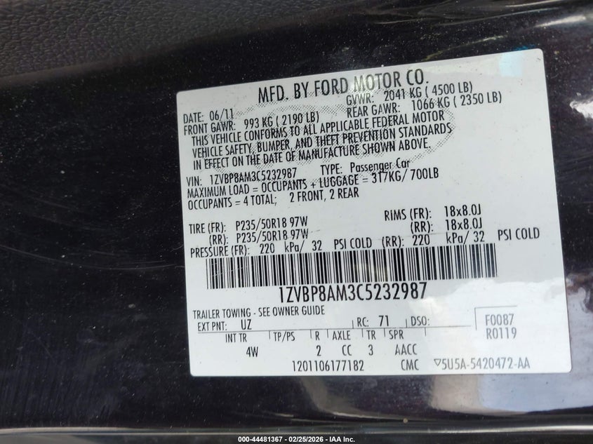 2012 Ford Mustang 3.7 V6 Premium brown Lot 111044481367 Vin 1ZVBP8AM3C5232987