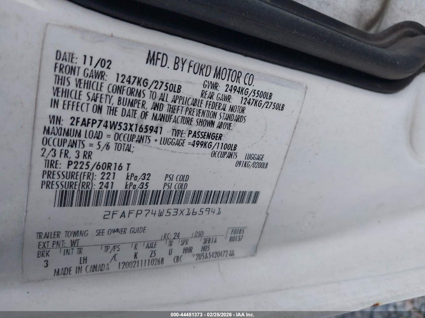 2003 Ford Crown Victoria Lx VIN: 2FAFP74W53X165941 Lot: 44481373