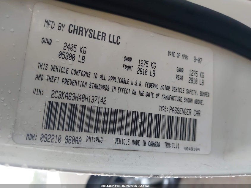 2008 Chrysler 300C Hemi VIN: 2C3KA63H48H137142 Lot: 44481413