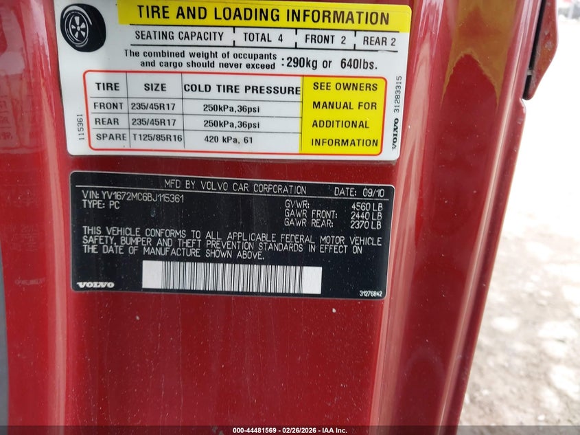 2011 Volvo C70 T5 VIN: YV1672MC6BJ115361 Lot: 44481569