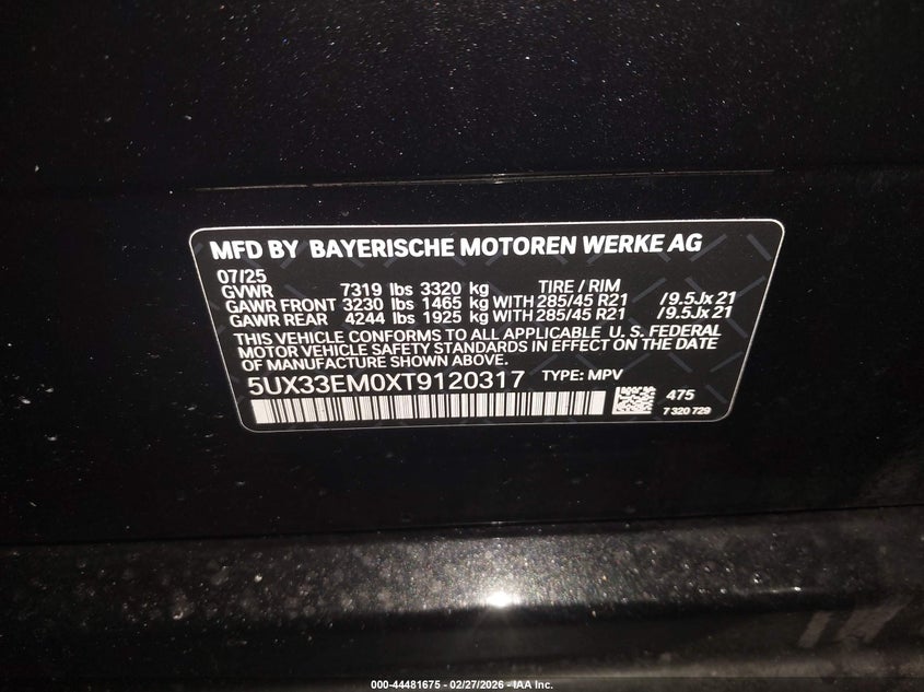 2026 BMW X7 M60I VIN: 5UX33EM0XT9120317 Lot: 44481675